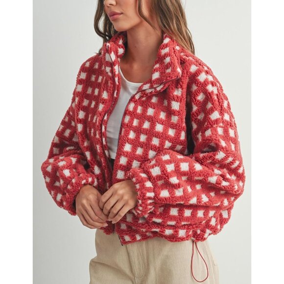 Women Red Cropped Sherpa Fleece Plaid Jacket Chunky Outerwear - Picture 5 of 6